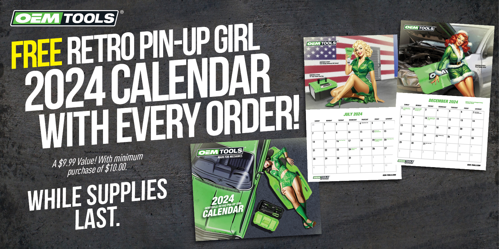 FREE Retro Pin-Up Girl 2024 Calendar with every order! Minimum purchase of $10
